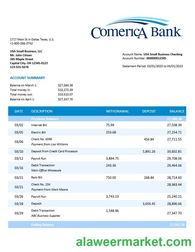 Comerica Bank business statement Word and PDF template